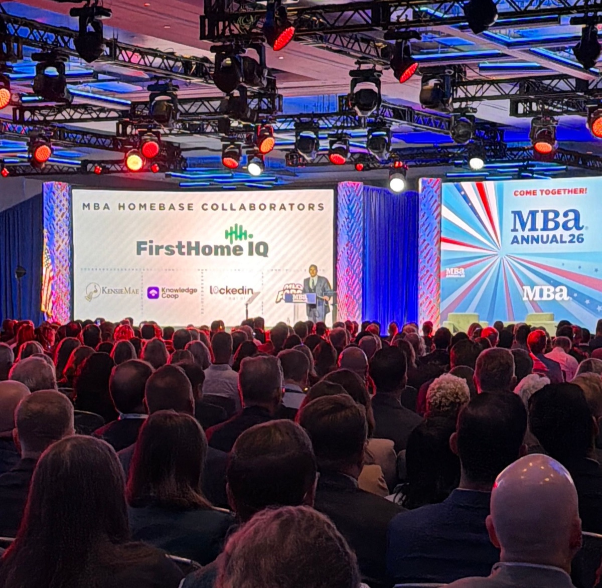 The MBA Annual 2026 main stage showing the MBA Homebase collaborators: FirstHome IQ with KensieMae, Knowledge Coop, LockedIn Learning and MLO Force